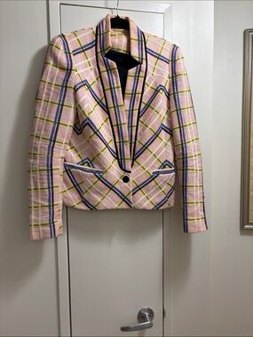 Rebecca Minkoff Women’s Pink Plaid Tweed Blazer Jacket
